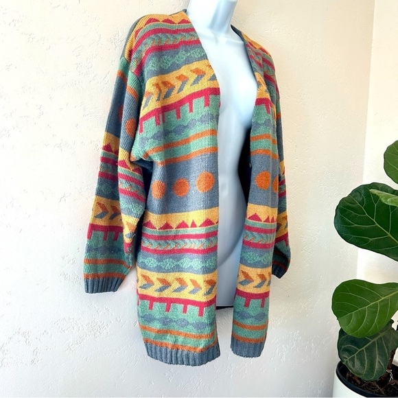 OAKBROOK Vintage 90s Aztec Geometric Ramie Knit Long Cardigan Womens L Cosby - Picture 5 of 12